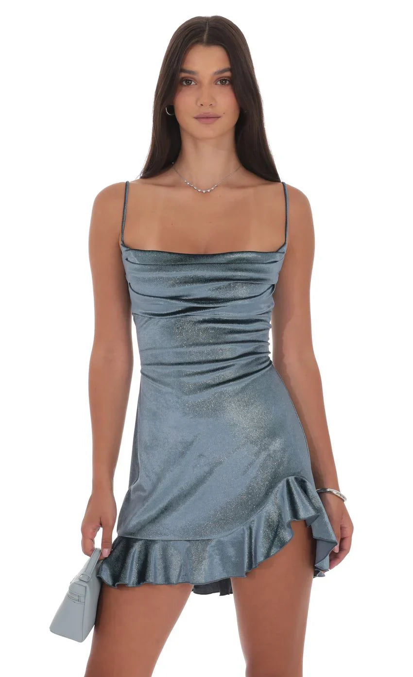 Foil Velvet Ruffled Slit Dress in Blue