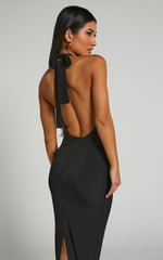 Claret Midi Dress- rosette halter Midi dress in Black