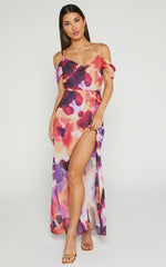 Keira Midi Dress - Draped Off the Shoulder Dress in Watercolour Floral