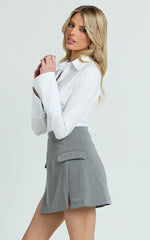 Lois Mini Skirt - Pocket Split Workwear Skirt in Grey