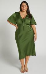 Nicholla Midi Dress - Ruched Front Angel Sleeve Slip Dress in Olive