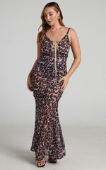Zharina Midi Dress - Lace Up Front Sheer Dress in Leopard Print