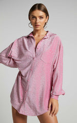 Ruri Mini Dress - Sparkly Oversized Shirt Dress in Pink