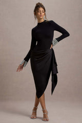 Luanna | Black Satin Long-Sleeve Midi Dress With Draped Skirt