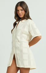 Tully Mini Dress - Knitted Button Through Shift Dress in Cream