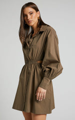 Jiah Dress - Side Cut Out Mini Shirt Dress in Khaki