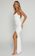 Tasteful Midi Dress - Cowl Neck Bodycon Thigh Split Dress in White