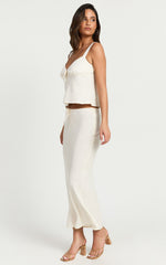 Polly Midi Skirt - Linen Low Waisted Front Bow Slip Skirt in Stone