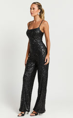 Carlie Jumpsuit - Straight Neck Strappy Sequin in Black