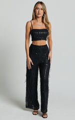 Claudette Pants - High Waist Wide Leg Fringe Sequin Pants in Black