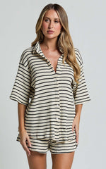 Dylan Two Piece Set - Striped Waffle Shirt and Short Set in Black & Cream Stripe