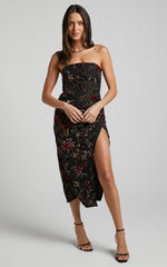 Jessell Midi Dress - High Split Strapless Dress in Black Floral