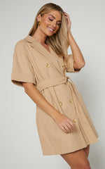 Cyrus Mini Dress - Waist Wrap Short Sleeve Blazer Mini Dress in Stone