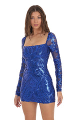 Sequin Square Neck Bodycon Dress in Royal Blue