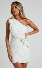 Harper Mini Dress - Linen One Shoulder Gathered Wrap Waist Dress in White