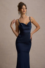 Made With Love | Navy Satin Strappy Fishtail Maxi Dress