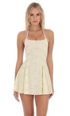 Halter Floral Embroidered Open Back Dress in Yellow
