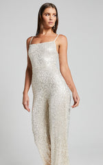 Carlie Jumpsuit - Straight Neck Strappy Sequin in Champagne