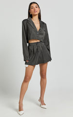 Zora Two Piece Set - Cropped Blazer and Pleated Mini Skirt Set in Charcoal