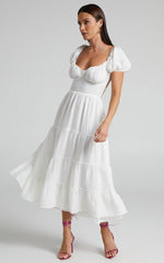 Anita Midi Dress - Puff Sleeve Tiered Dress in White