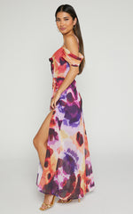 Keira Midi Dress - Draped Off the Shoulder Dress in Watercolour Floral