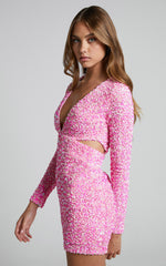 Gabriella Mini Dress - Plunge Long Sleeve Cut Out Sequin Dress in Pink Sequin