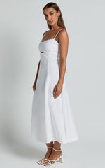 Amalie The Label - Carietta Linen Blend Strappy Sweetheart Cut Out A Line Midi Dress in White