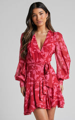 Aronia Mini Dress - V Neck Long Bishop Sleeve Ruffle Hem Wrap Dress in Havana Silhouette floral