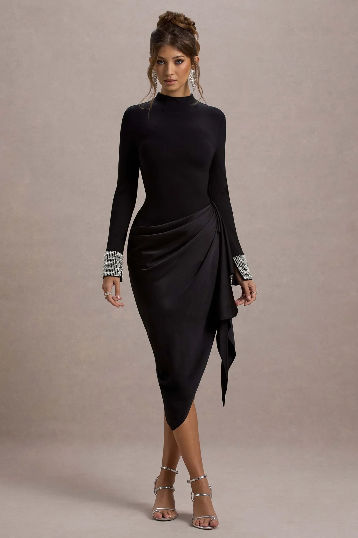 Luanna | Black Satin Long-Sleeve Midi Dress With Draped Skirt