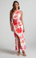 Leanora Maxi Dress - Side Cut Out One Shoulder Satin Dress in White Floral
