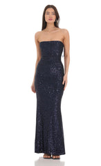 Sequin Strapless Maxi Dress in Navy