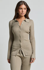 Kelsey Top - Button Through Long Sleeve Knitted Top in Taupe