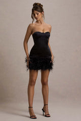 Vampira | Black Satin Corset Feather Mini Dress