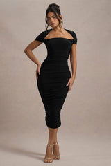 Paxos | Black Ruched Short-Sleeve Midi Dress