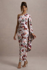Clementina | Cream Floral Print Asymmetric Cape Sleeve Maxi Dress