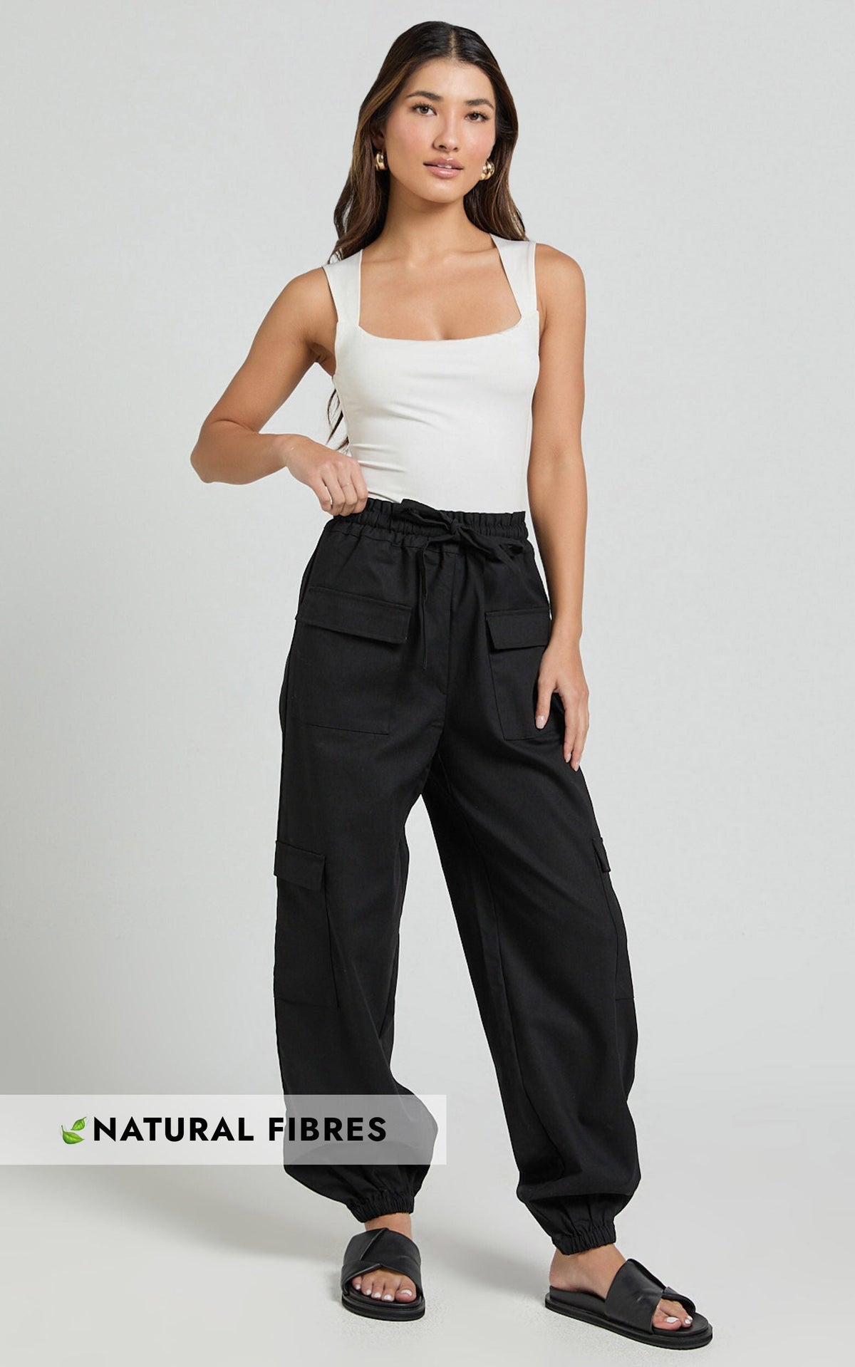 Simpson Pants - Linen Tie Waist Pocket Detail Cargo Pants in Black