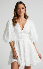 Jammae Mini Dress - Puff Sleeve Dress in White