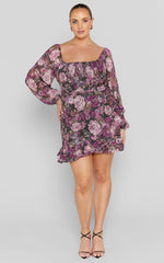 Grizela Mini Dress - Gathered Bust Long Sleeve Dress in Harvest Floral