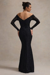 Astoria | Black Lace Bardot Maxi Dress With Chiffon Skirt