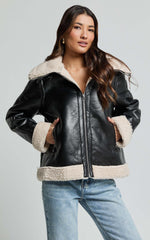 Willa Jacket - Faux Leather Shearling Aviator Jacket in Black