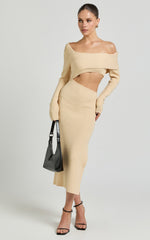 Alabama Midi Dress - Off One Shoulder Asymmetric Long Sleeve Knit Dress in Sand