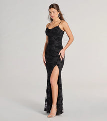 Ria Flocked Floral Velvet Formal Column Dress