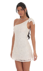 One Shoulder Sequin Floral Dress in Ivory