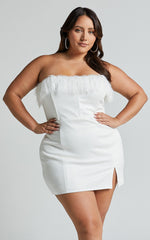 Rhaiza Mini Dress - Faux Feather Trim Strapless Dress in White