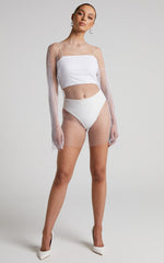 Sharlize Mini Dress - Diamante Mesh Long Sleeve Dress in White