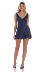 Satin V-Neck Dress in Navy