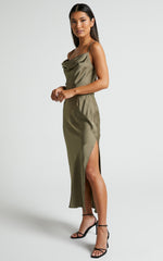 Nylah Cowl Neck Double Strap Satin Slip Midi Dress in Dark Olive