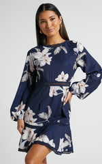 Not Missing Out Mini Dress - Long Puff Sleeve Dress in Navy Floral