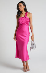 Carmella Midi Dress - One Shoulder Twist Detail Dress in Fuchsia