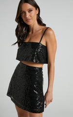 Elswyth Mini Skirt - Side Split Sequin Skirt in Black Sequin